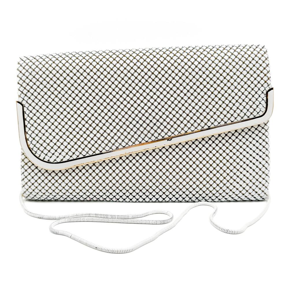Vintage 60s-70s White Metal Mesh Evening Clutch Crossbody Purse Italian